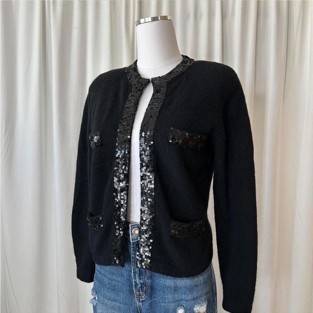 Vintage 1980s Evan-Picone Black Angora Wool Blend Sequin Cardigan Petite Small